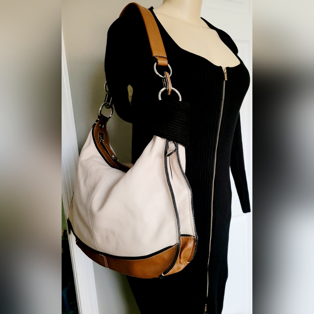 Tignanello Hobo 100% Genuine Leather Shoulder Bag Large Cream/Cognac 14"×10"×4"